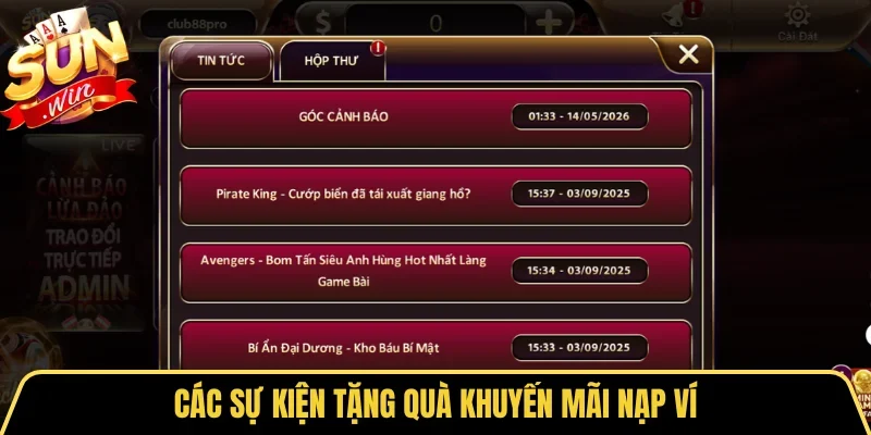 Các sự kiện tặng quà khuyến mãi nạp ví